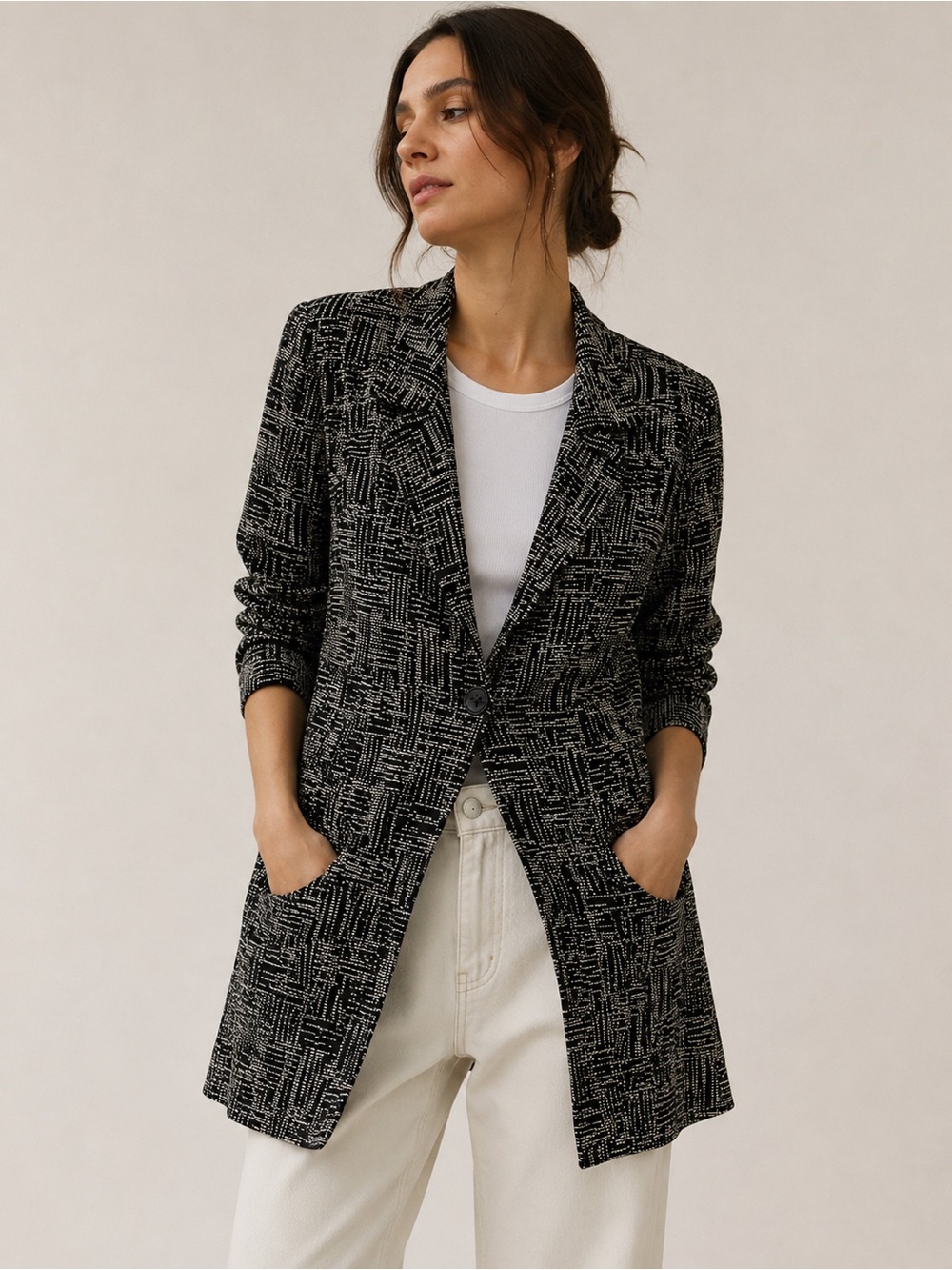 Lafayette 148 New York Black and White Abstract Patterned Longline Blazer Size 4